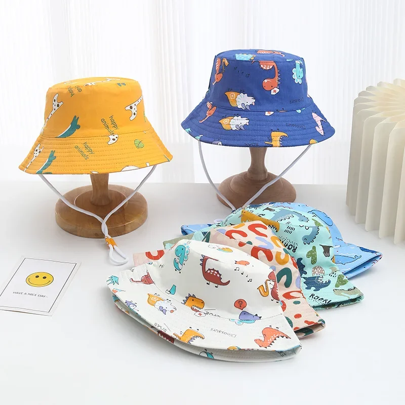 Cute Cartoon Printing Bucket Baby Hat Cotton Breathable Kids Fisherman Hat Infant Toddle Sun Hat with Drawstring for 1-5 Years