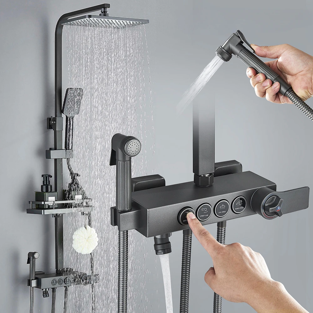 

Gray Thermostatic Shower Faucet Bathroom Faucet Set Hot Cold Mixer Tap Shower System Rainfall Bathtub Tap With Bathroom Shelf