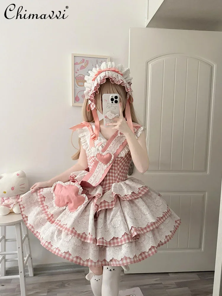 

Sweet and Cute Pink Plaid Fly-sleeved Lolita Dress Spring and Summer New Japanese Style Girls Lady Princess Short Puffy Dress