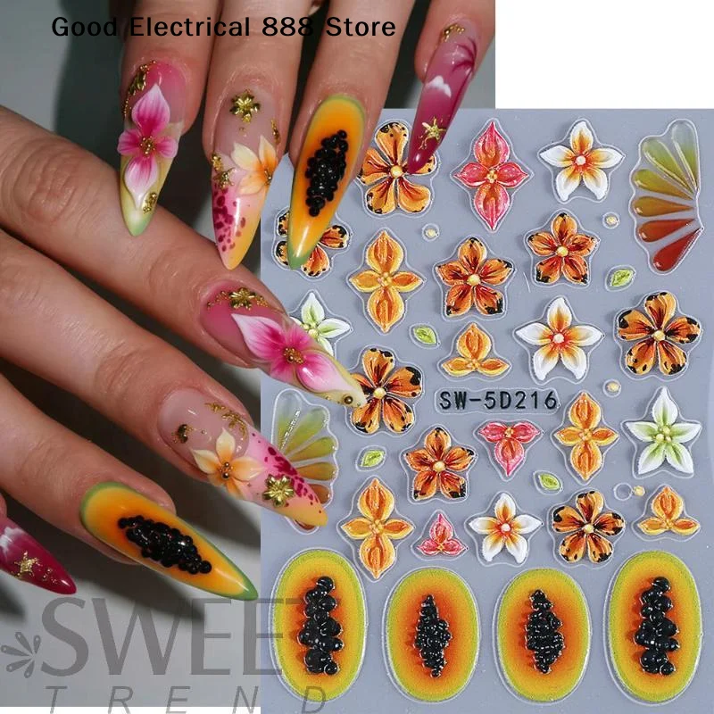 【G】1Sheet 5D Summer Flowers Nail Embossed Stickers Pink Frangipani Hibiscus Starfish DIY Tropical Manicure Sliders