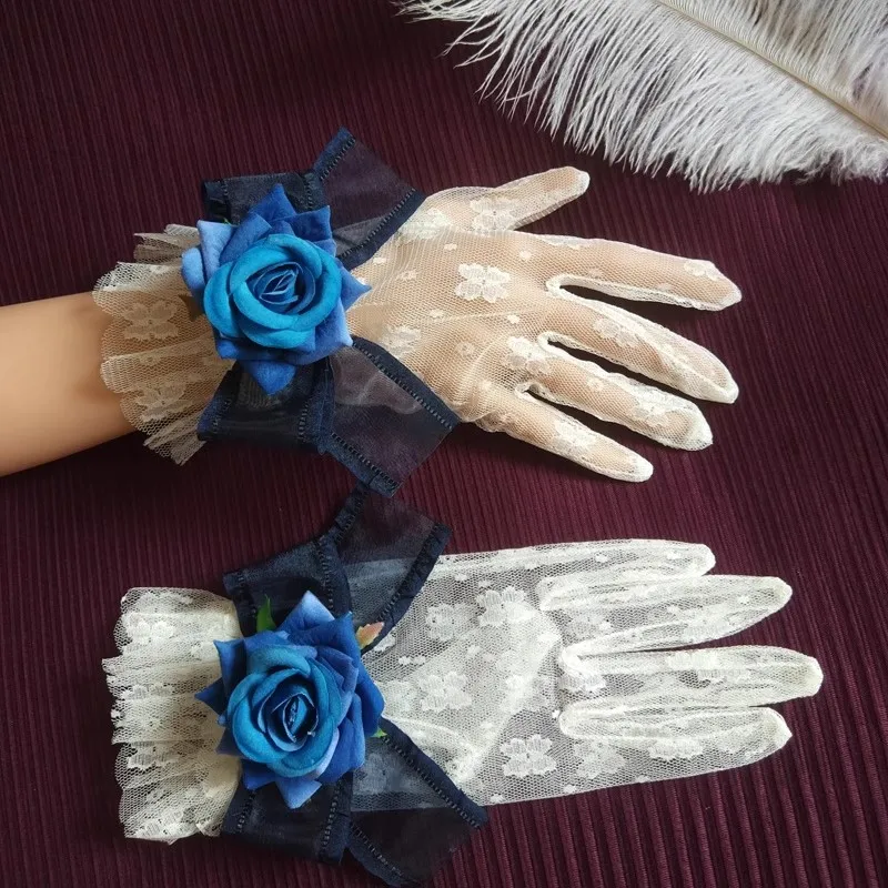 

Lolita Short Hand Sleeve Gloves Lace Rose Flower Wrist Cuffs Ruffled Floral Lace Wedding Gloves Women Cosplay Clothing