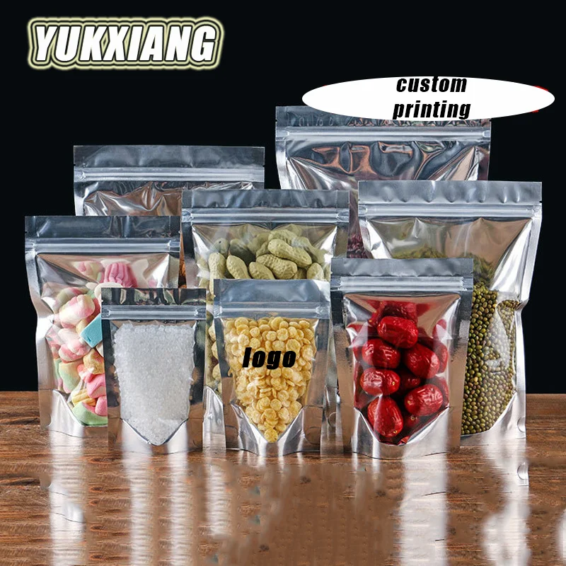 50PCS Stand Up Silvery Aluminum Foil Zipper Reseal Bags One Side Transparent - Self Standing Aluminizing Pouch Food Grade Pack