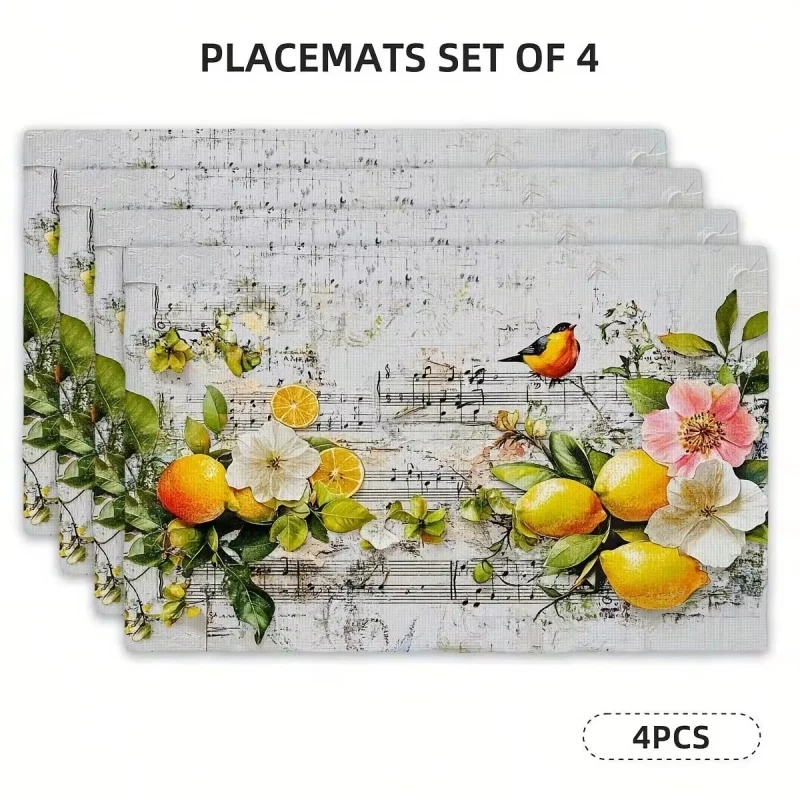Fresh Lemon Blossom Leaf Print Linen Placemats Summer Fruit Decor Washable Heat‑Resistant Kitchen Table Mats