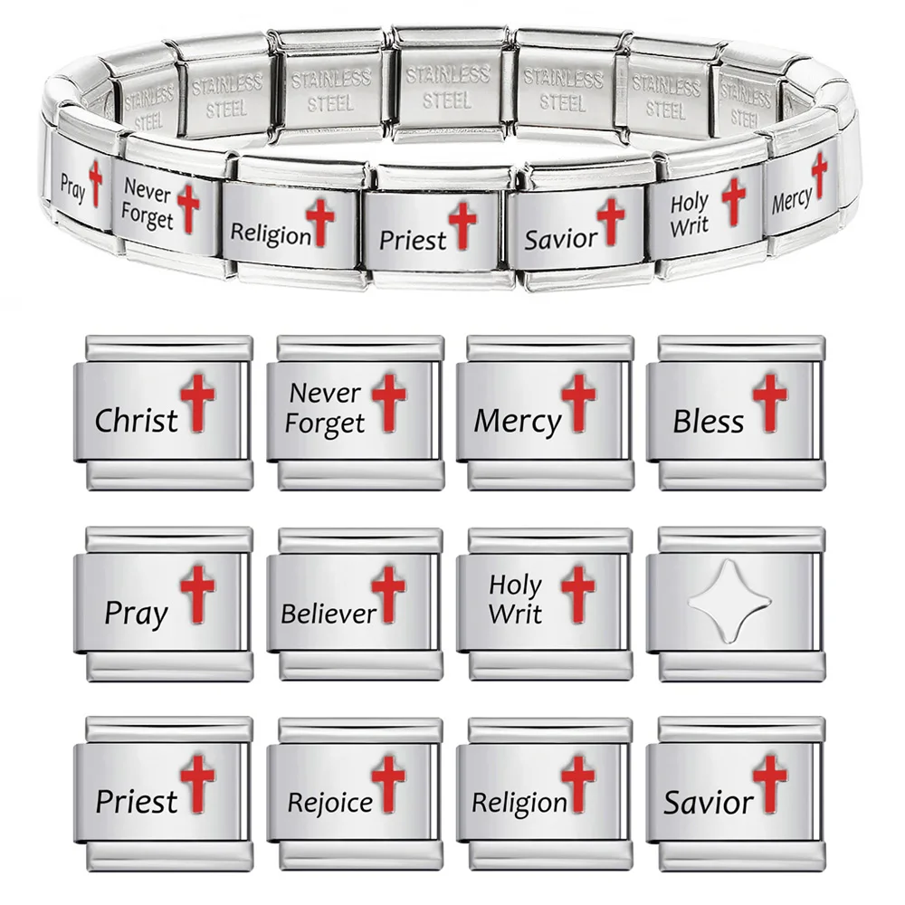 Basics Laser Engraving Charm Italian Stainless Steel Link fit 9mm Trendy Cross Christ Mercy Bless Bracelet Making DIY Jewelry