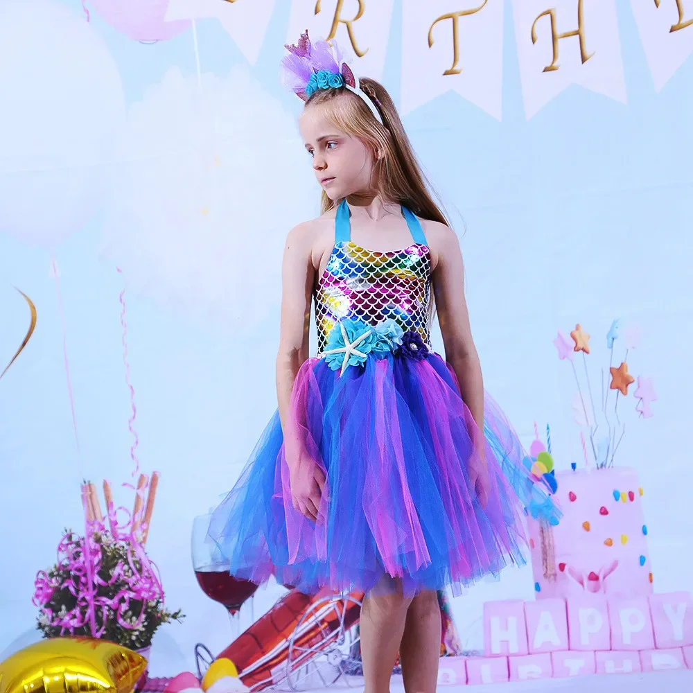 

Kids Girls Anime Cartoon Mermaid Mesh Tutu Dress Children Halloween Cosplay Costumes Pretend Princess Party Role Play Outfit