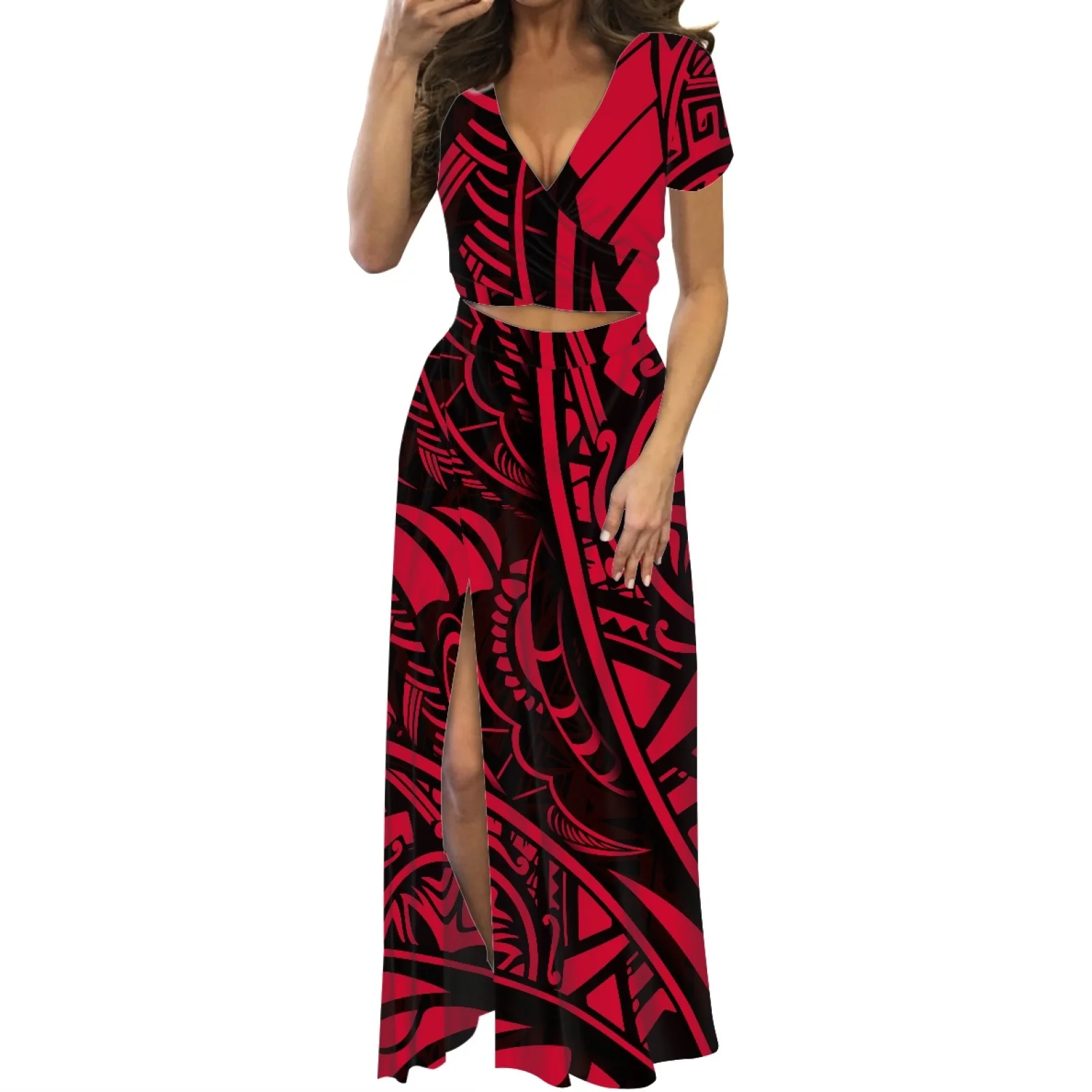 

Custom Hawaiian Pattern Women's V-neck Two-Piece Set The Traditional Polynesian Tribe Comfortable Elegant High Slit Sexy Dress