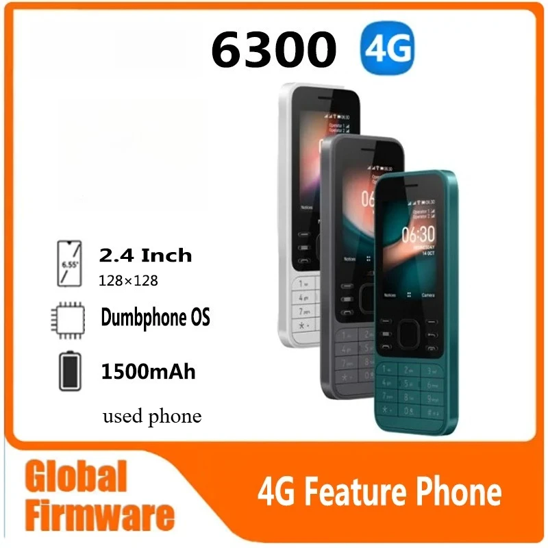 Finland Made 6300 4G mobile phone Feature Phone Dual SIM KaiOS Wifi Multilingual 2.4 Inch FM Radio Bluetooth used phone