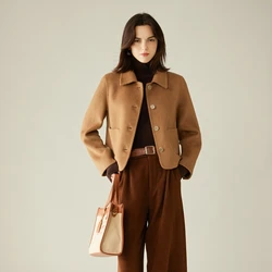 2025 European and American Fashion Short Women's Coat 30% Camel Wool Double-Sided 70% Wool Overcoat Lapel Buckle Pocket Jacket