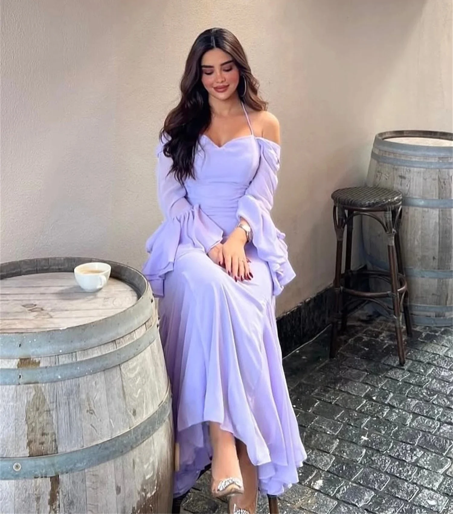 Lila Chiffon Lange Ärmel Maßgeschneidertes Anlasskleid Abendkleider Pastrol Unisex Jersey Retro Dubai Saudi Arabisch Abschlussball Maßgeschneidert