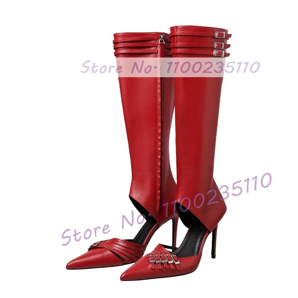

Red Multi Belt Buckles Cutout Knee High Boots Women Chic Gladiator Pointed Toe Sandal Boots Ladies Summer Sexy Puttee Heel Shoes