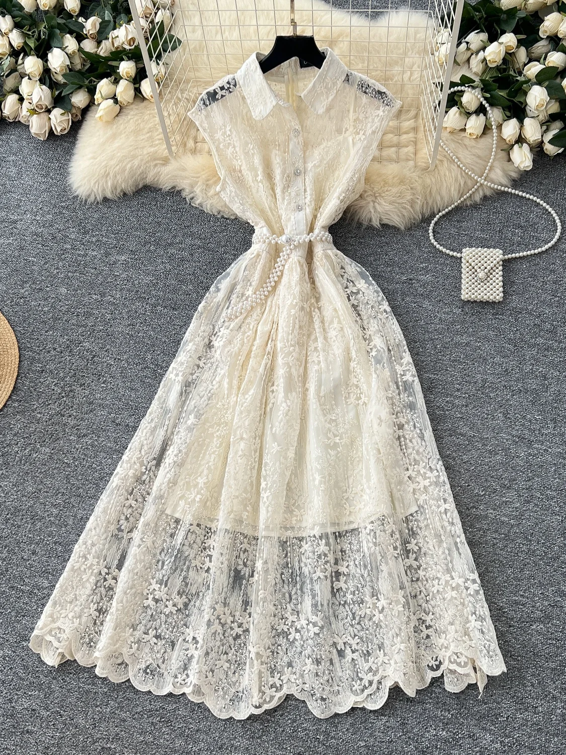 

Ele Summer Long Dr Women's Svel Lace Me Pearl Waisand Design Unique Beautiful A-Line Midi Dr