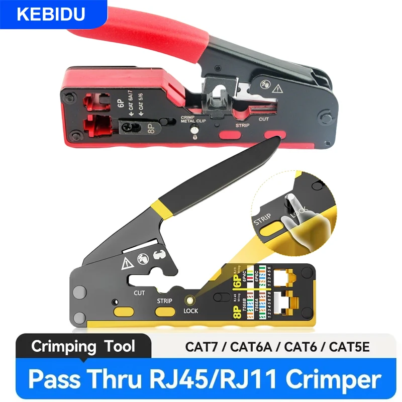 RJ45 Crimp Tool Pass Through Ethernet Crimping Tool for Cat6 Cat5 Cat5e RJ45 Connectors with Replacement Blade