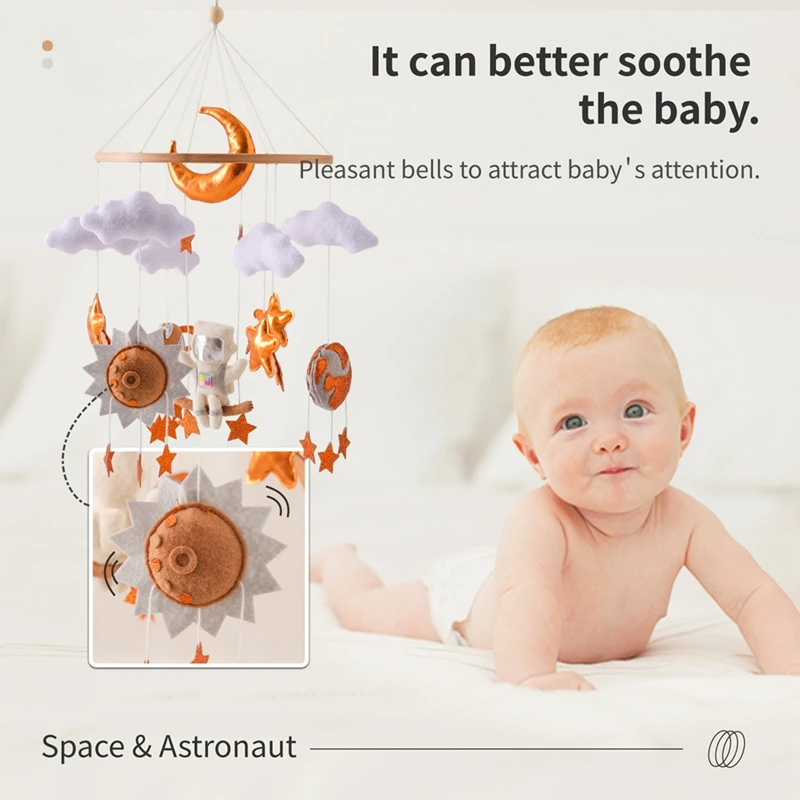 Crib Mobile Wooden Baby Rattles Soft Felt Outer Space Astronauts Bed Bell Newborn Music Box Hanging Toys Crib Bracket Baby Gifts