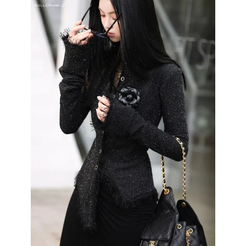 

Women's Small Fragrance Style Black Sparkling Elastic Thin Tweed Fitted Slimming Irregular Autumn and Winter Coat