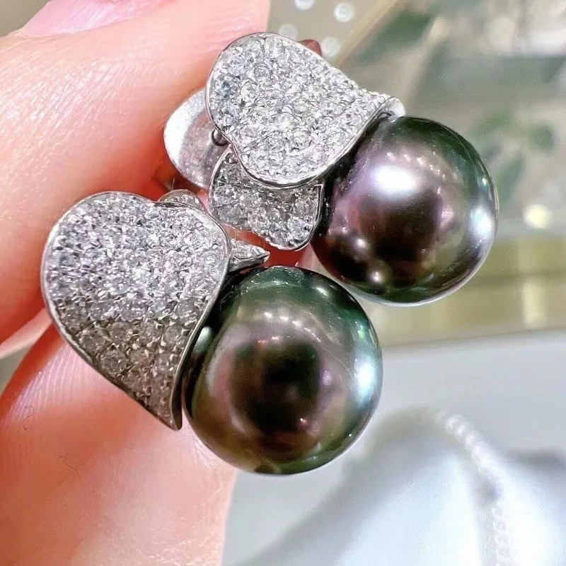 Elegant AAA10-11mm Natural Round Black Tahitian Women Pearl Earrings 925 Silver