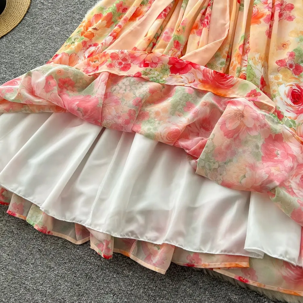 Elegant Ruffle Print Slash Neck Lace-up Vintage Cape Sleeves Chic Chiffon Slim Dresses Fashion Spring Women High Street Clothing