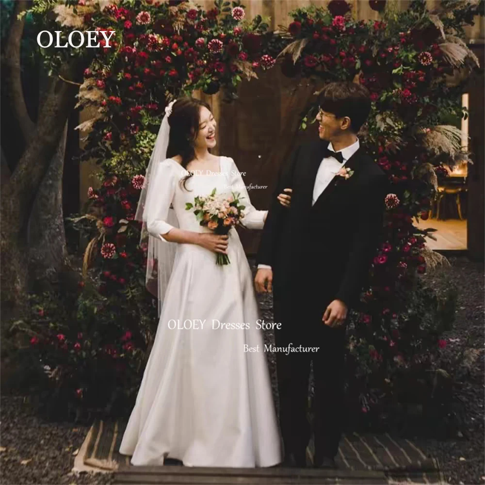 OLOEY Simple Ivory Satin Wedding Dress Korea Photoshoot Square Collar Bridal Gown Three Quarter Sleeves Custom Made Corset Zip