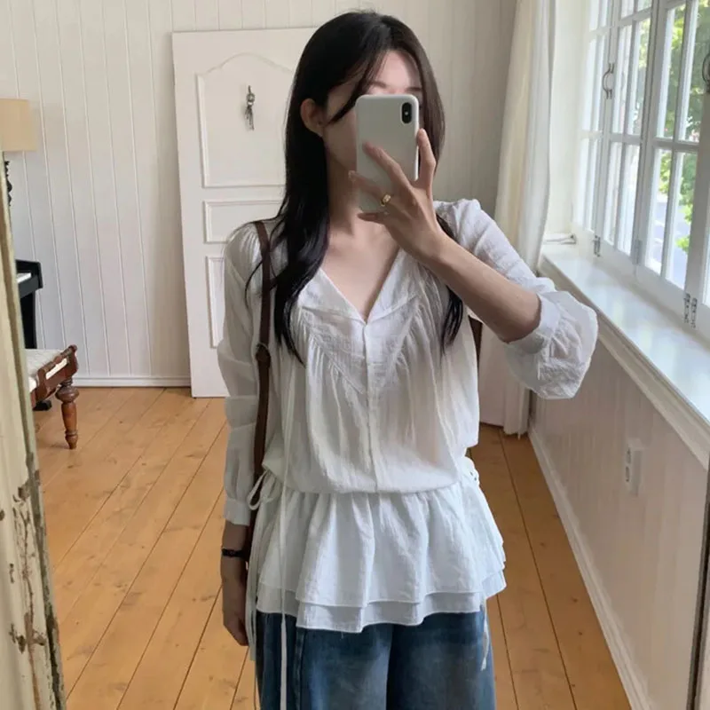 

2026 Spring Drawstring Ruffle Shirt Korean Fashion Simple V-neck Pleated Solid Color Women's Commuting Long Sleeve Shirts