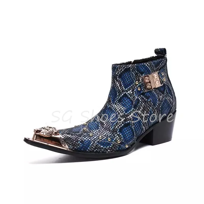 British Style Metal Pointed Toe Splicing Leather Boots for Men Handamde Mixed Color Chelsea Boots Male Party Dress Shoes