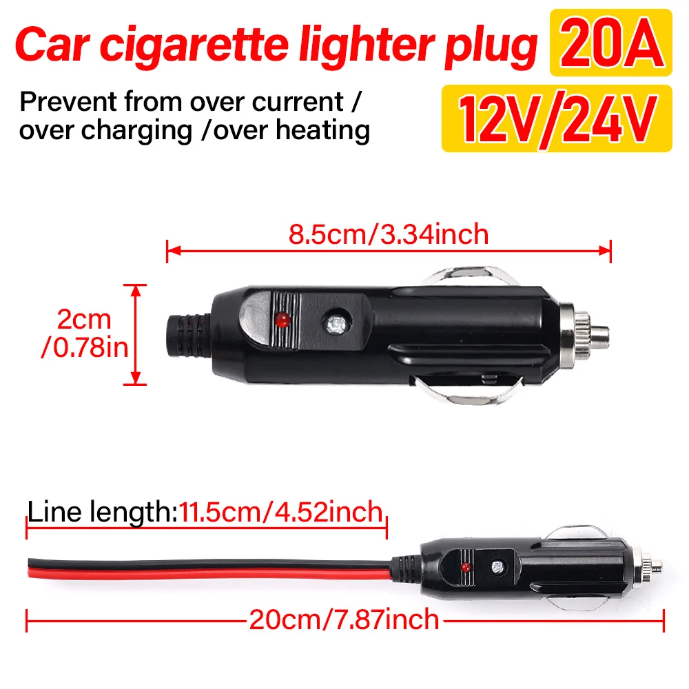 Car Cigarette Lighter LED Socket Plug 12V 24V Universal High Power 16AGW 20A Adapter Connector High Quality PVC Copper Wire