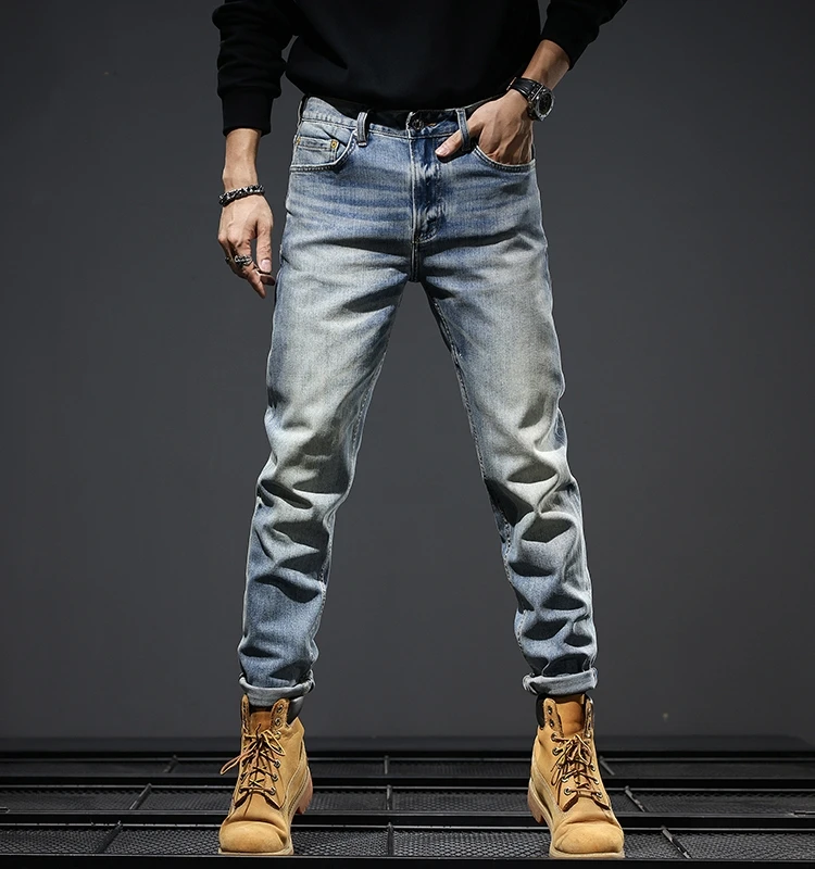 

Мужские джинсы прямого кроя High-End Slim Fit в винтажном стиле, повседневные, весна-осень, модные, брендовые, из денима, хлопка и полиэстера