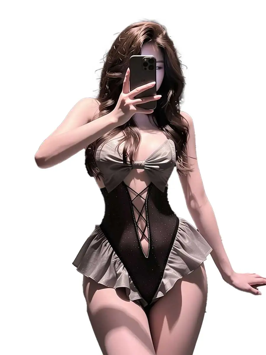 jimiko For Black Gray Ruffle Maid Lingerie Costume, Women's Bow Cutout Lace Up Teddy Bodysuit One Piece Sleepwear Cosplay Set