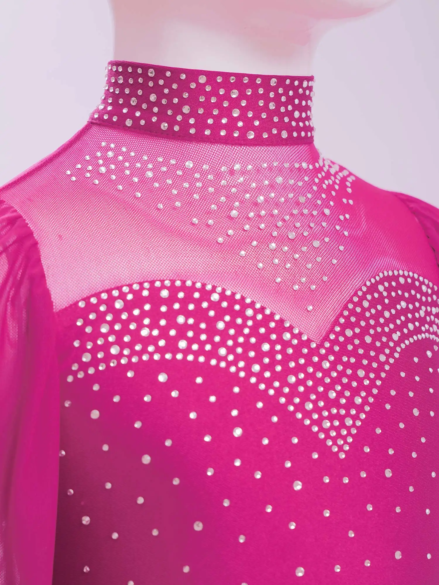 أطفال بنات الحديثة الغنائية الرقص الباليه التزلج أداء زي بقماش شفاف طويلة الأكمام لامعة حجر الراين المحاصيل القمم مع تنورة #4