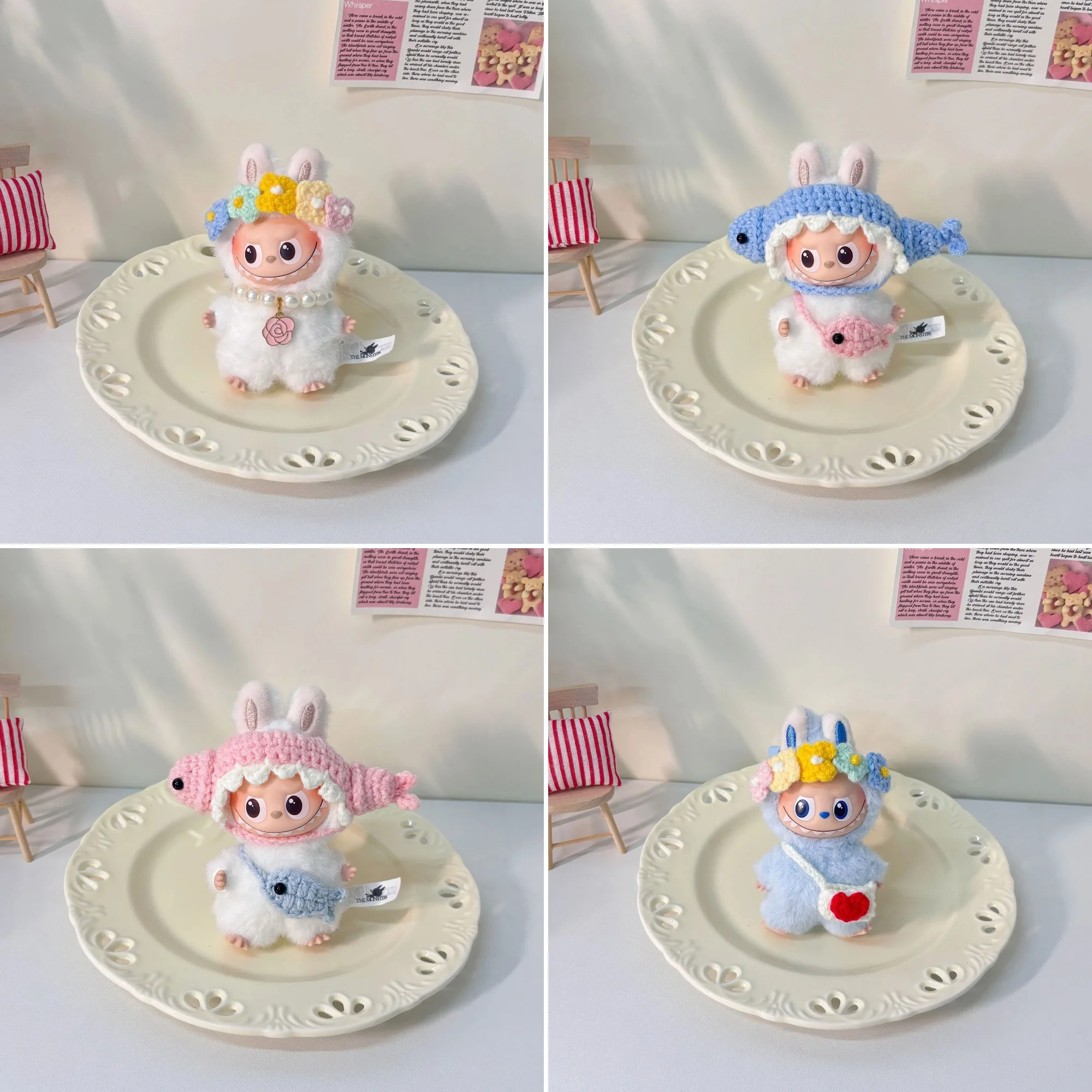 

New Doll Clothes For 10cm Mini LABUBU 4.0 Gen Cute Animal Hand-Knitted Plush Headcover With Small Crossbody Bag Clothes