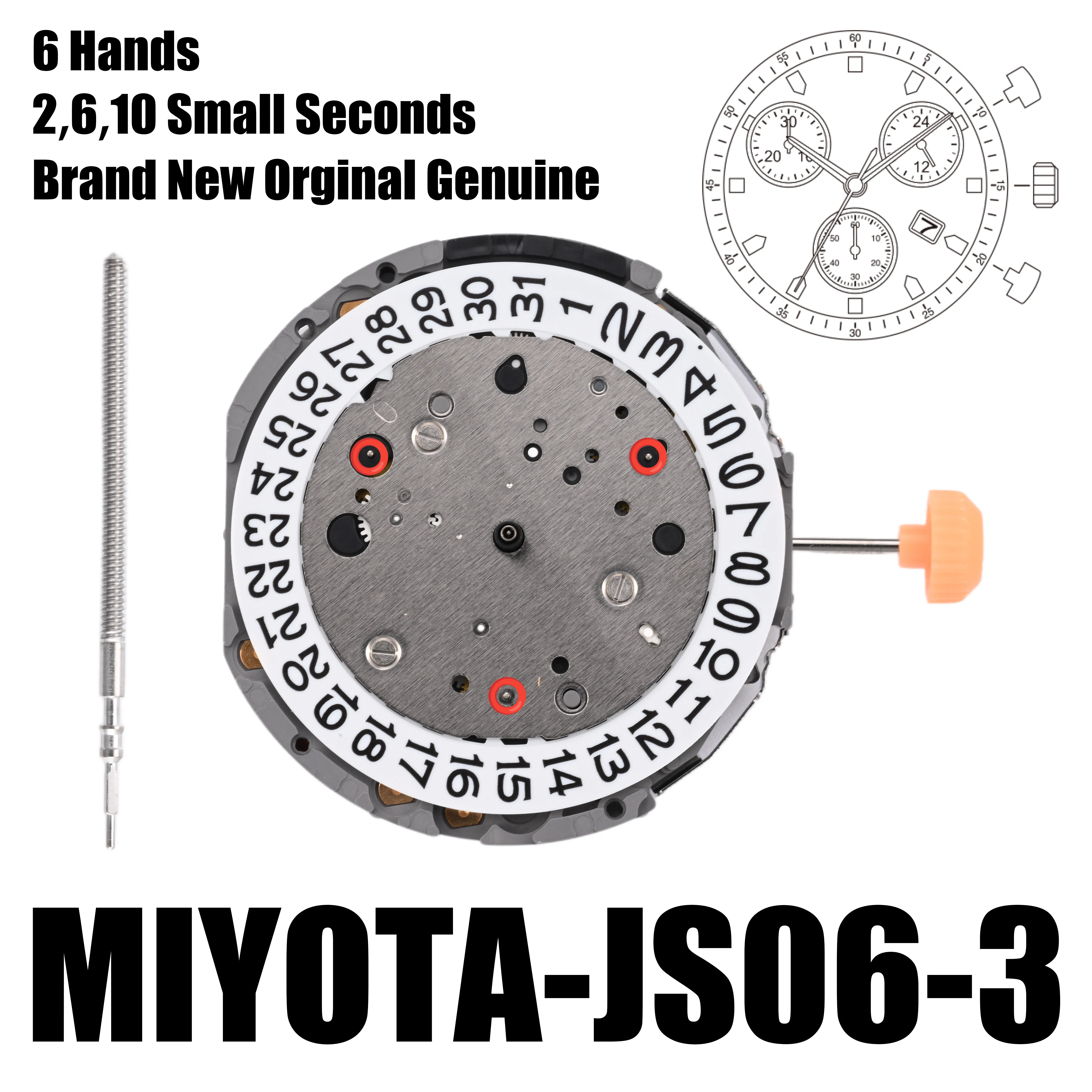 Miyota JS06 Movement Small Second Chronograph Chrono 30min/sec, 24 hour Size 12 1/2''' Height 4.30mm Accuracy ±20 sec per month