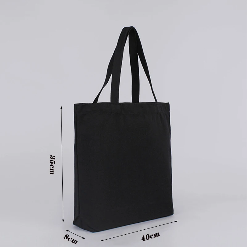 Large Capacity Canvas Shoulder Handbag Folding Eco-Friendly Cotton Tote Bags Reusable DIY Shoulder Bag Grocery Bag Black