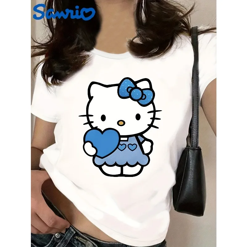 

Sanrio Hello Kitty Женская повседневная футболка с короткими рукавами Милый мультяшный узор Футболка с принтом в виде сердца и банта Свободный хлопковый топ