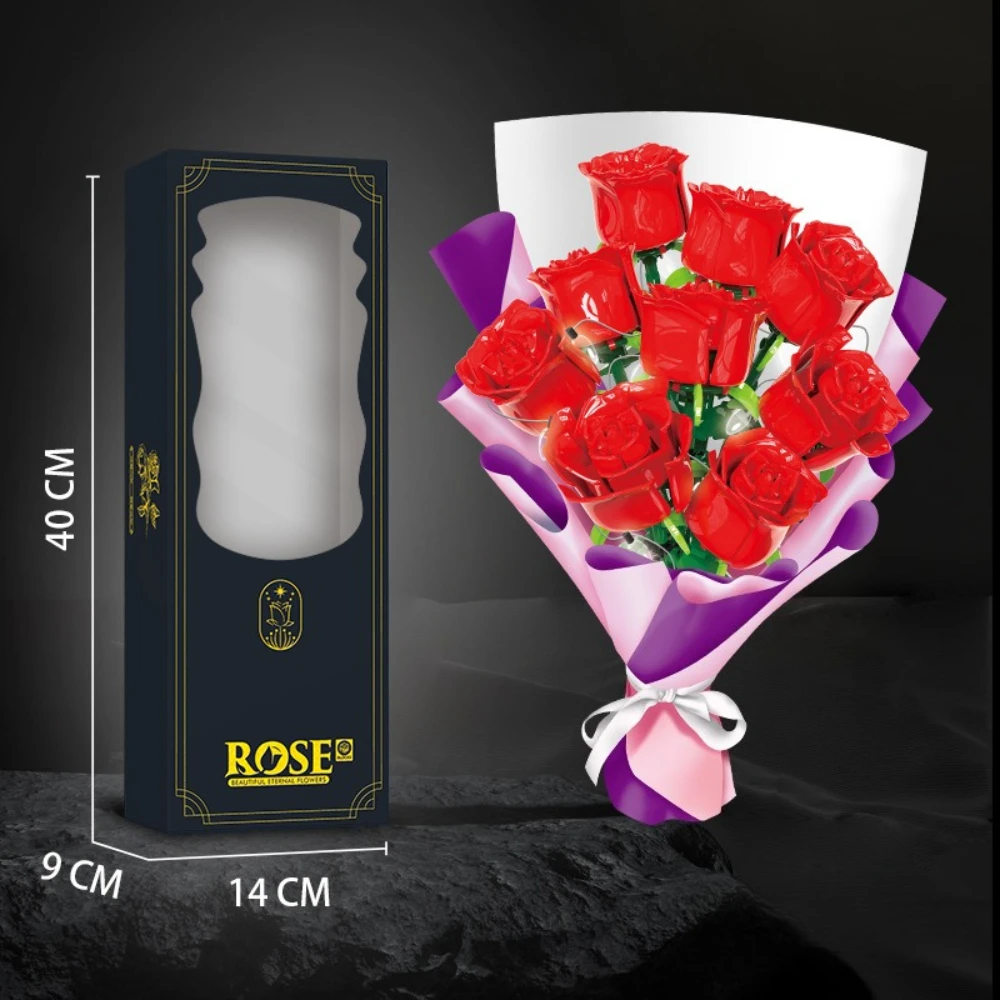 MOC Crystal Black Purple Red Rose Pink Blue Rose Flower Building Blocks Set Wedding Bouquet Plant Toys Children Birthday Gifts