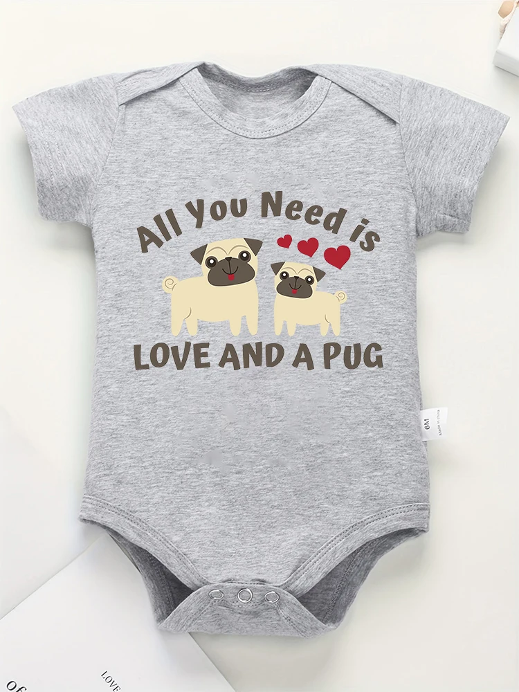 High Quality 100% Cotton Baby Boy Clothes Grey Cute Pug Print Onesies Street Casual Breathable Toddler Girl Jumpsuit 0-24 Months