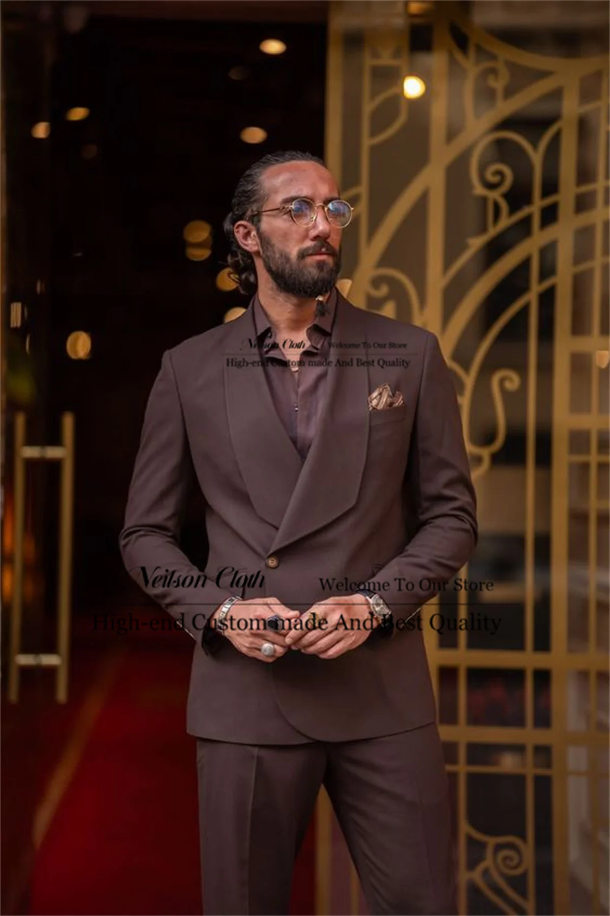 

Business Brown Male Prom Blazers 2 Pcs Sets One Button Groom Wedding Tuxedos Slim Fit Customized Shawl Lapel Costume Homme