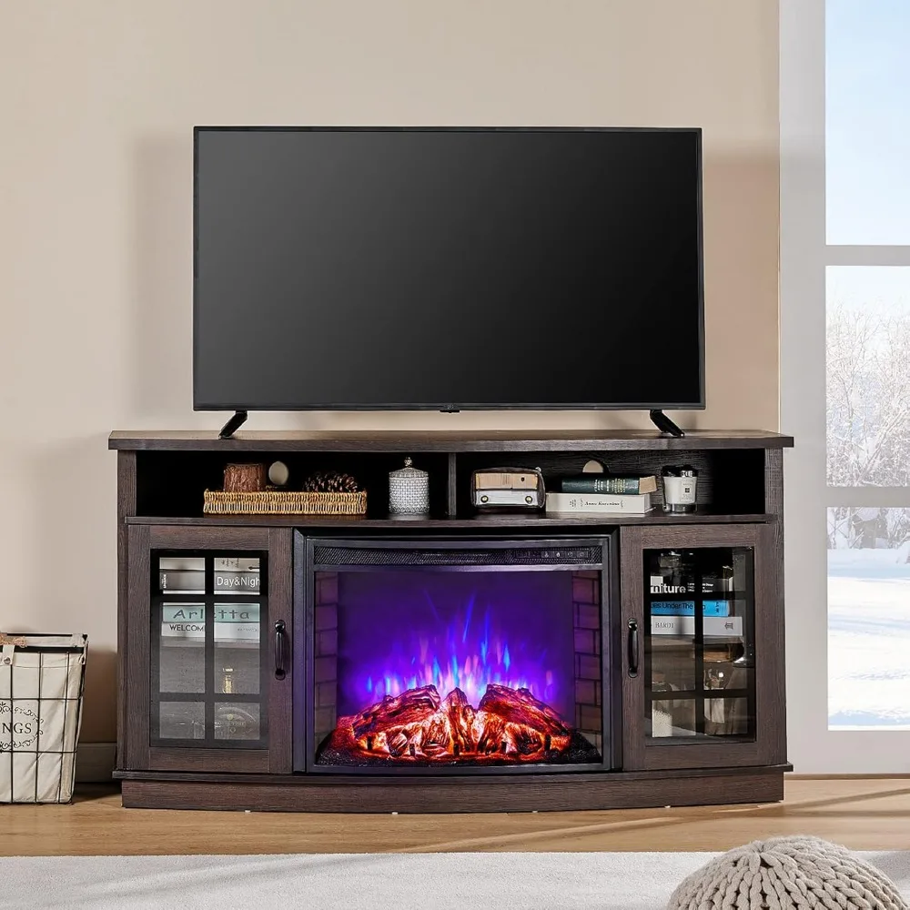 59" Curved Fireplace TV Console, Entertainment Center Table with Open Shelves and Farmhouse Glass Door Media TV Cabinet Stand