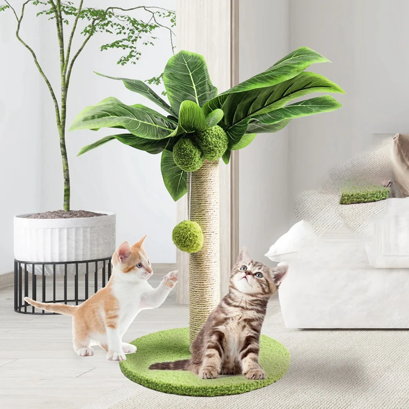 AA50-Cat Scratching Post For Kitten Cute Green Leave Cat Scratching Posts With Sisal Rope Indoor Cats Posts Cat Trees