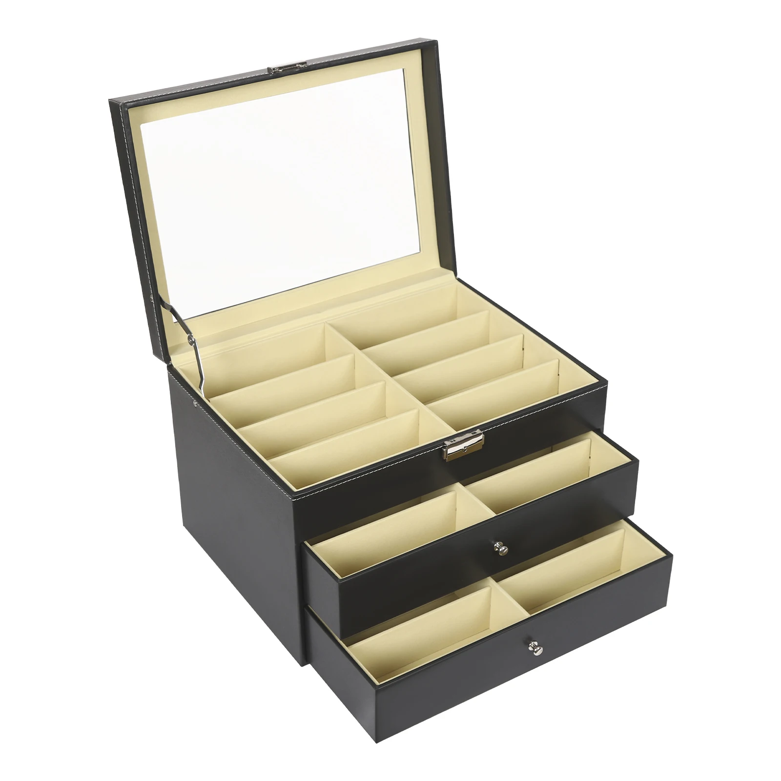 

3 Layers 24 Slots Glasses Box Display Storage Case，Jewelry Organizer Leather with Drawer，Rust-resistant Storage Case