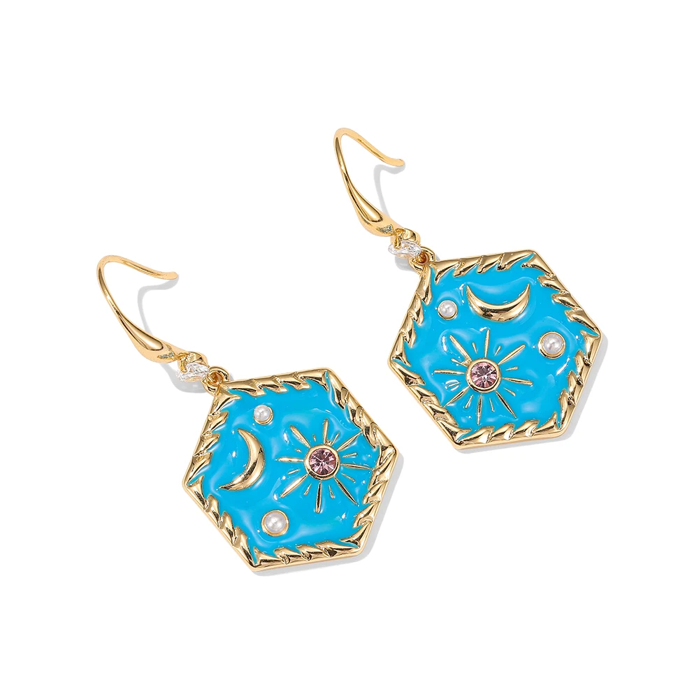 

High-quality fashion enamel glaze blue geometric pattern Sun Moon Pearl earrings fresh and versatile hand-painted jewelry.