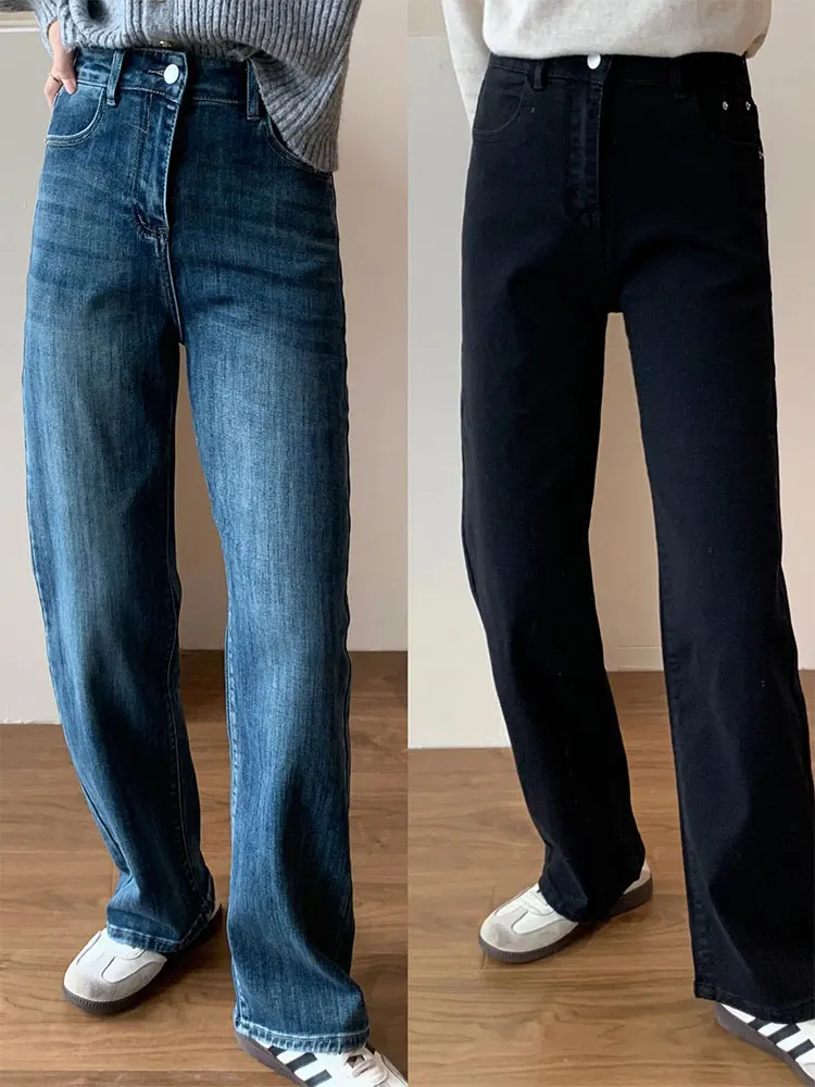 Pantalones vaqueros elásticos con cintura para mujer, Vaqueros holgados de pierna recta con forma de pera, pantalones vaqueros ajustados de cintura alta de talla nueva para otoño