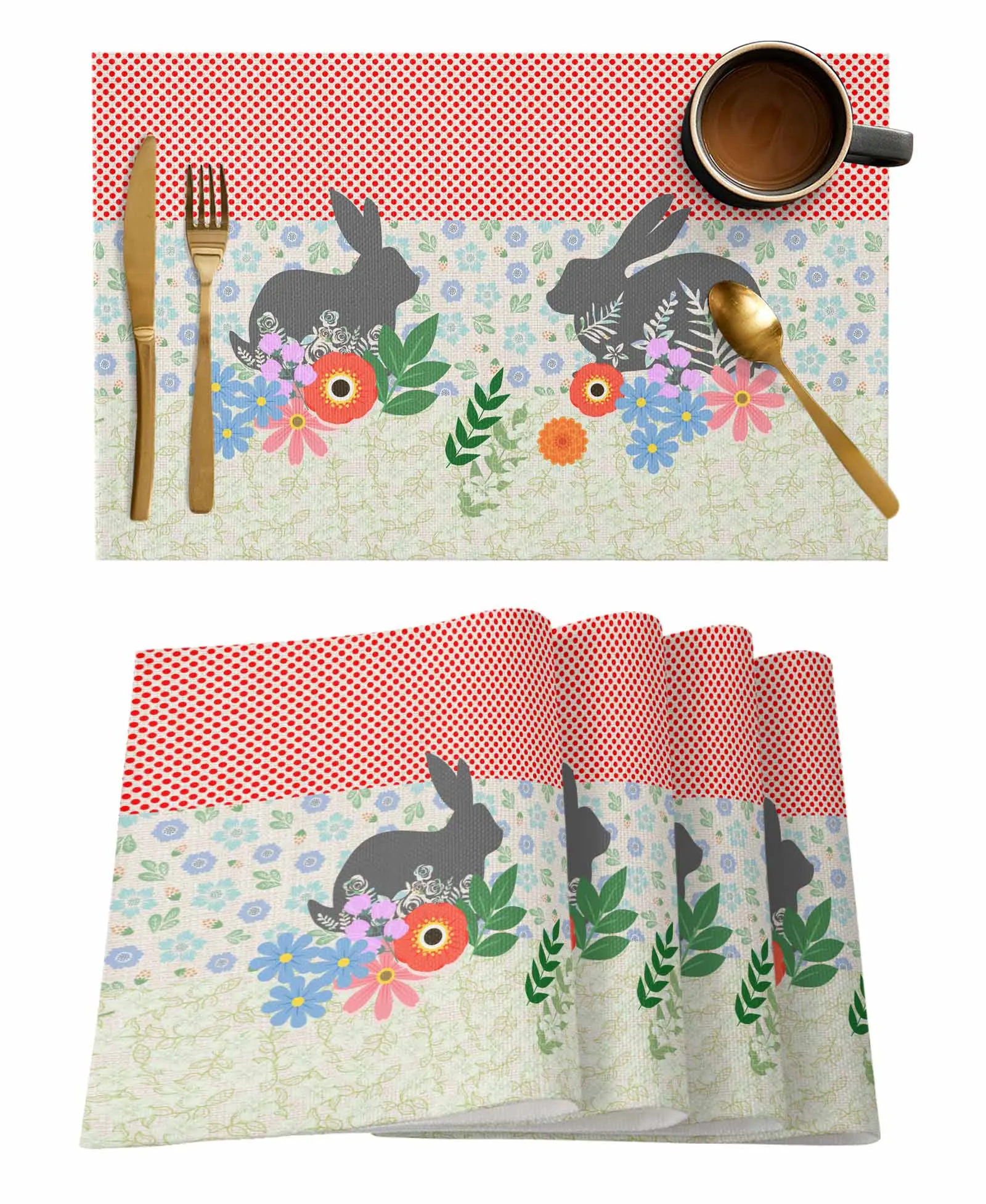 Printed Rabbit Flowers Easter Spring Table Runner Kitchen Decoration Table Cover Wedding Party Tablecloth 4/6pcs Placemats