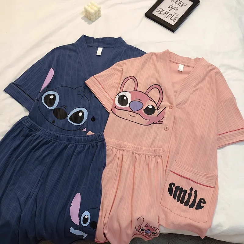

Cute Stitch couple pajamas summer 2025 new short-sleeved shorts two-piece set Disney Stitch cotton couple loungewear