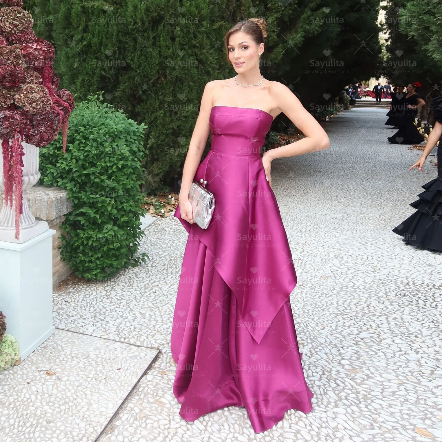 Sayulita Strapless Prom Dresses 섹시한 백 여성 이브닝 파티 드레스 지퍼 백 롱 새틴 로브 드 소와레 맞춤형