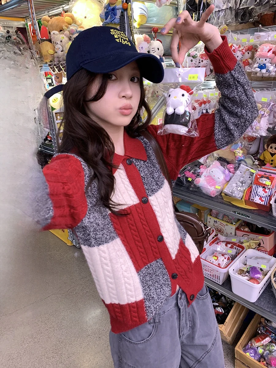 

Sinbounboun College Sle Collar Color Blo Plaid Single Button Open Cardigan Knitted Sweater Jaet Women's Loose Fit