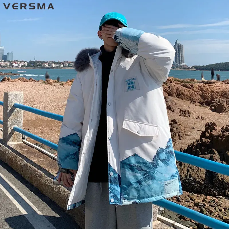 VERSMA Korean Style Snow Mountain Gradient Print Parkas Men Winter Warm Fur Collar Long Padding Jackets Coats Women Dropshipping