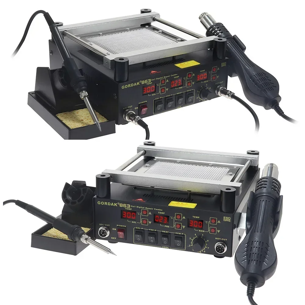 863 Soldering Station Soldering Iron Hot Air Gun PCB Preheating 3 In 1 BGA Rework Station Mobile Phones Solder Tools