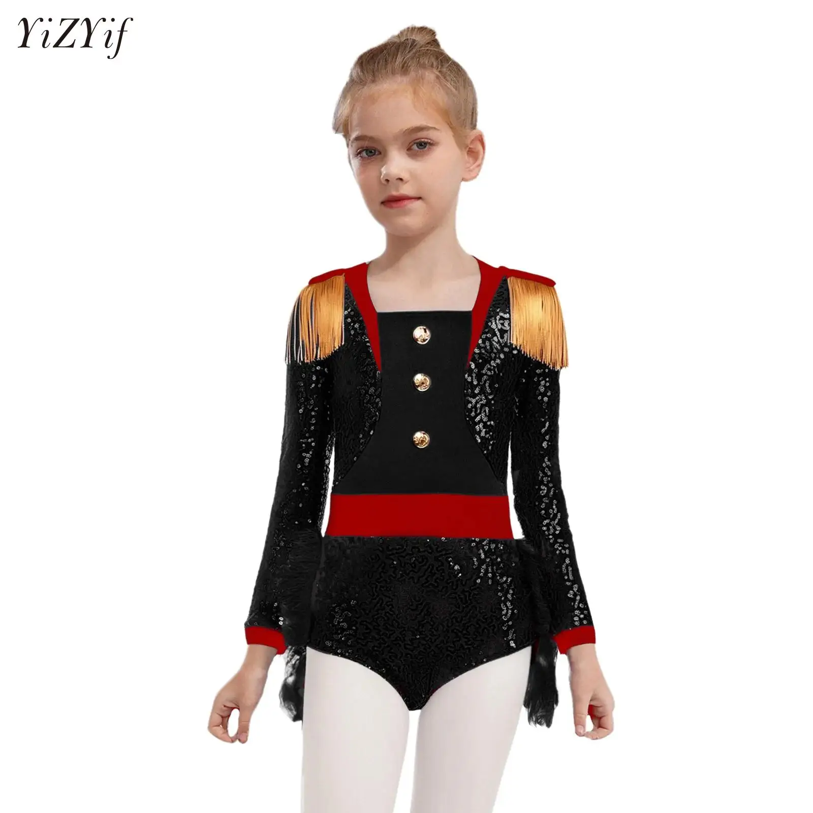 

Kids Girl Showman Ringmaster Circus Bodysuit Costume Sequins Tassels Feather Dress for Halloween Christmas Theme Cosplay Party