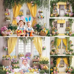 Easter Photography Background for Baby Show Yellow Curtains Rustic Wooden Door Flower Egg Backdrop Spring Kids Birthday Photo