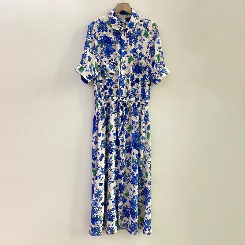 Zadig Female Blue Long Dress Casual Elasticat Long Sleeve Robes Women Long Sleeve Lapel Chic Floral Print Dresses Lady Robes