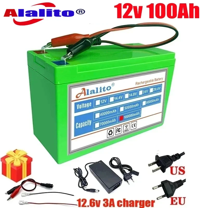 

New 12V 40Ah 50Ah 100Ah lithium Battery Pack Lithium Iron Phosphate Batteries Built-in BMS For Solar Boat+12.6V Charger