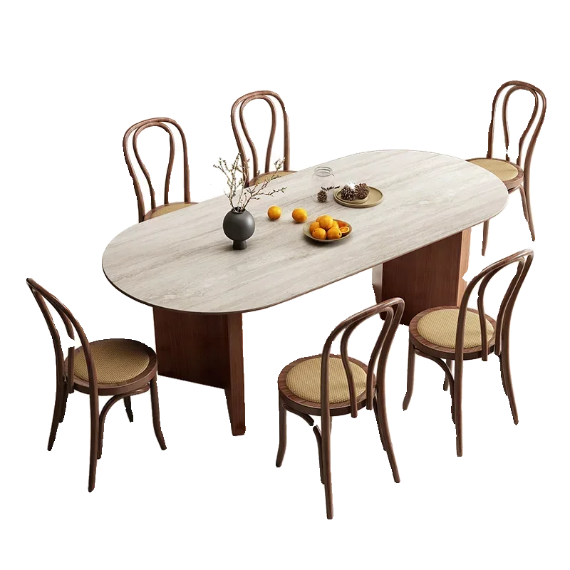 Rock slab dining table oval, living room solid wood dining table, retro French home dining table